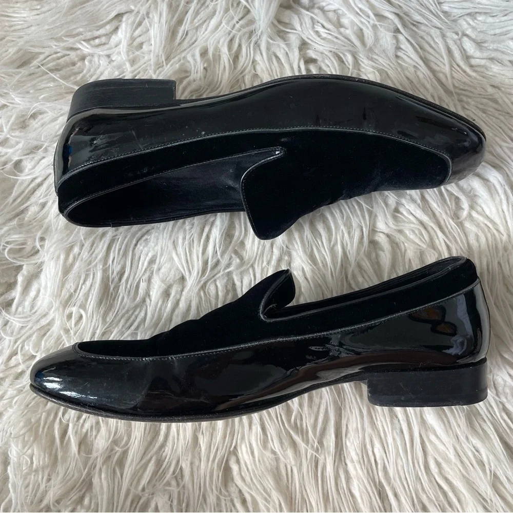 Jimmy Choo Black Soft Shiny Calf Patent Leather Velvet Panel Loafers EUC 42.5